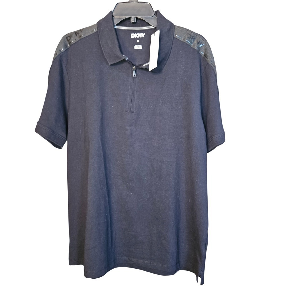 NEW DKNY Mens XL Black Quarter Zip Polo Shirt Short Sleeve Logo Shoulder‎ Tape